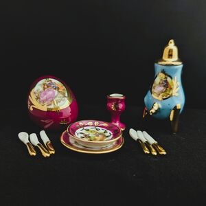 🌜Vtg. Limoges Porcelain Tea Set Pieces w/ Gold Accents incl 2 Sets flatware